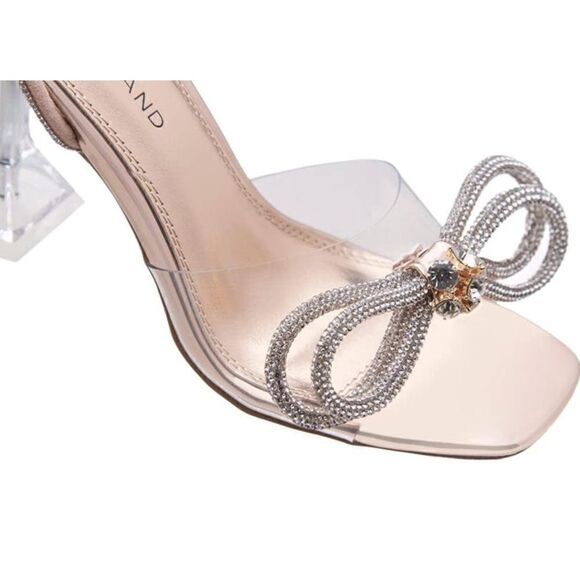 ShoeLand Clear Ankle Wrap Wedding Diamond Bow Detail Square Toe Perspex Heel - Picture 11 of 16